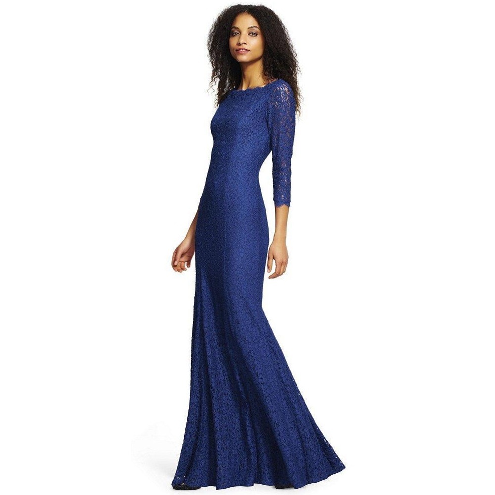 Adrianna Papell Blue Lace Long Sleeve Scoop Neck Formal Mature Evening Gown NWT